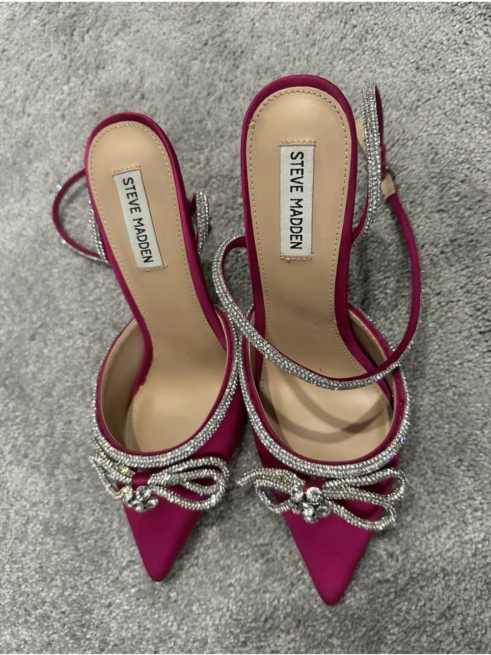 Steve Madden Magenta Satin Pointed Slingback Heels with Crystal Bow